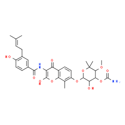 ChemSpider 2D Image | 5-Hydroxy-6-[(2-hydroxy-3-{[4-hydroxy-3-(3-methyl-2-buten-1-yl)benzoyl]amino}-8-methyl-4-oxo-4H-chromen-7-yl)oxy]-3-methoxy-2,2-dimethyltetrahydro-2H-pyran-4-yl carbamate | C31H36N2O11