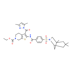 ChemSpider 2D Image | Ethyl 3-[(3,5-dimethyl-1H-pyrazol-1-yl)carbonyl]-2-({4-[(1,3,3-trimethyl-6-azabicyclo[3.2.1]oct-6-yl)sulfonyl]benzoyl}amino)-4,7-dihydrothieno[2,3-c]pyridine-6(5H)-carboxylate | C33H41N5O6S2