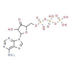 ChemSpider 2D Image | 9-[5-O-(Hydroxy{[hydroxy(phosphonooxy)phosphoryl]oxy}phosphoryl)pentofuranosyl-3-ulose]-9H-purin-6-amine | C10H14N5O13P3