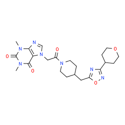 ChemSpider 2D Image | 1,3-Dimethyl-7-[2-oxo-2-(4-{[3-(tetrahydro-2H-pyran-4-yl)-1,2,4-oxadiazol-5-yl]methyl}-1-piperidinyl)ethyl]-3,7-dihydro-1H-purine-2,6-dione | C22H29N7O5