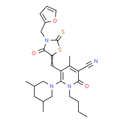 ChemSpider 2D Image | 1-Butyl-6-(3,5-dimethyl-1-piperidinyl)-5-{[3-(2-furylmethyl)-4-oxo-2-thioxo-1,3-thiazolidin-5-ylidene]methyl}-4-methyl-2-oxo-1,2-dihydro-3-pyridinecarbonitrile | C27H32N4O3S2