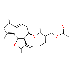 ChemSpider 2D Image | (3aR,4R,6E,8S,10E,11aR)-8-Hydroxy-6,10-dimethyl-3-methylene-2-oxo-2,3,3a,4,5,8,9,11a-octahydrocyclodeca[b]furan-4-yl (2Z)-2-(acetoxymethyl)-2-butenoate | C22H28O7