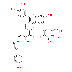 ChemSpider 2D Image | 2-(3,4-Dihydroxyphenyl)-5-(beta-D-glucopyranosyloxy)-7-hydroxy-3-chromeniumyl 6-O-[(2E)-3-(4-hydroxyphenyl)-2-propenoyl]-beta-D-glucopyranoside | C36H37O18