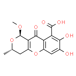 ChemSpider 2D Image | (1R,3S)-7,8-Dihydroxy-1-methoxy-3-methyl-10-oxo-4,10-dihydro-1H,3H-pyrano[4,3-b]chromene-9-carboxylic acid | C15H14O8