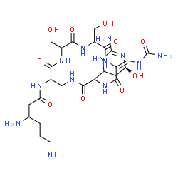 ChemSpider 2D Image | 3,6-Diamino-N-[(6E)-3-[(6S)-2-amino-6-hydroxy-3,4,5,6-tetrahydro-4-pyrimidinyl]-6-[(carbamoylamino)methylene]-9,12-bis(hydroxymethyl)-2,5,8,11,14-pentaoxo-1,4,7,10,13-pentaazacyclohexadecan-15-yl]hexa
namide | C25H43N13O10