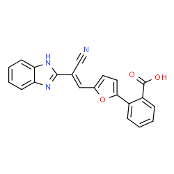 ChemSpider 2D Image | 2-{5-[(E)-2-(1H-Benzimidazol-2-yl)-2-cyanovinyl]-2-furyl}benzoic acid | C21H13N3O3