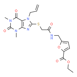 ChemSpider 2D Image | Ethyl 5-[({[(7-allyl-1,3-dimethyl-2,6-dioxo-2,3,6,7-tetrahydro-1H-purin-8-yl)sulfanyl]acetyl}amino)methyl]-2-furoate | C20H23N5O6S