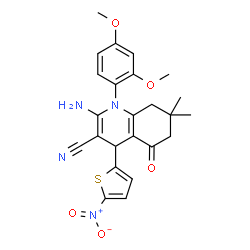 ChemSpider 2D Image | 2-Amino-1-(2,4-dimethoxyphenyl)-7,7-dimethyl-4-(5-nitro-2-thienyl)-5-oxo-1,4,5,6,7,8-hexahydro-3-quinolinecarbonitrile | C24H24N4O5S