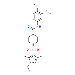 ChemSpider 2D Image | N-(3,4-Dimethoxyphenyl)-1-[(1-ethyl-3,5-dimethyl-1H-pyrazol-4-yl)sulfonyl]-4-piperidinecarboxamide | C21H30N4O5S
