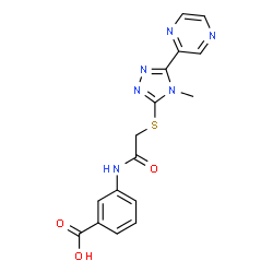 ChemSpider 2D Image | 3-[({[4-Methyl-5-(2-pyrazinyl)-4H-1,2,4-triazol-3-yl]sulfanyl}acetyl)amino]benzoic acid | C16H14N6O3S