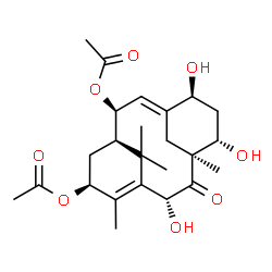 ChemSpider 2D Image | (1R,2S,3E,5S,7S,8S,10R,13S)-5,7,10-Trihydroxy-8,12,15,15-tetramethyl-9-oxotricyclo[9.3.1.1~4,8~]hexadeca-3,11-diene-2,13-diyl diacetate | C24H34O8