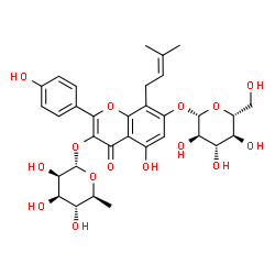 ChemSpider 2D Image | 3-[(6-Deoxy-alpha-L-mannopyranosyl)oxy]-5-hydroxy-2-(4-hydroxyphenyl)-8-(3-methyl-2-buten-1-yl)-4-oxo-4H-chromen-7-yl beta-D-glucopyranoside | C32H38O15