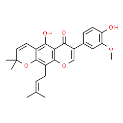 ChemSpider 2D Image | 5-Hydroxy-7-(4-hydroxy-3-methoxyphenyl)-2,2-dimethyl-10-(3-methyl-2-buten-1-yl)-2H,6H-pyrano[3,2-g]chromen-6-one | C26H26O6