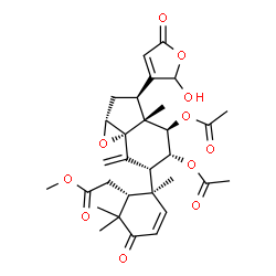 ChemSpider 2D Image | Methyl {(1R,2S)-2-[(1aR,3R,3aR,4R,5R,6R,7aS)-4,5-diacetoxy-3-(2-hydroxy-5-oxo-2,5-dihydrofuran-3-yl)-3a-methyl-7-methyleneoctahydroindeno[1,7a-b]oxiren-6-yl]-2,6,6-trimethyl-5-oxocyclohex-3-en-1-yl}acetate | C31H38O11