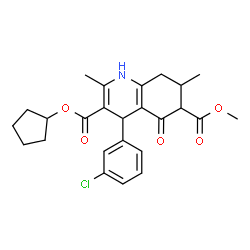 ChemSpider 2D Image | 3-Cyclopentyl 6-methyl 4-(3-chlorophenyl)-2,7-dimethyl-5-oxo-1,4,5,6,7,8-hexahydro-3,6-quinolinedicarboxylate | C25H28ClNO5