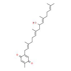 ChemSpider 2D Image | 2-[(2E,6E,10E)-9-Hydroxy-3,7,11,15-tetramethyl-2,6,10,14-hexadecatetraen-1-yl]-5-methyl-1,4-benzoquinone | C27H38O3
