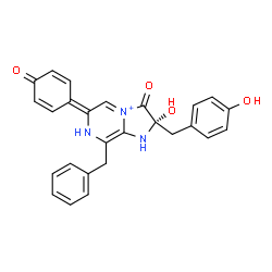 ChemSpider 2D Image | (2S)-8-Benzyl-2-hydroxy-2-(4-hydroxybenzyl)-3-oxo-6-(4-oxo-2,5-cyclohexadien-1-ylidene)-2,3,6,7-tetrahydro-1H-imidazo[1,2-a]pyrazin-4-ium | C26H22N3O4