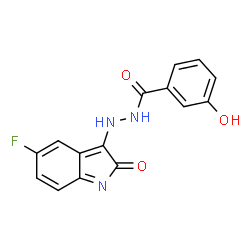 ChemSpider 2D Image | N'-(5-Fluoro-2-oxo-2H-indol-3-yl)-3-hydroxybenzohydrazide | C15H10FN3O3