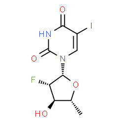 ChemSpider 2D Image | 1-(2,5-Dideoxy-2-fluoro-beta-D-arabinofuranosyl)-5-iodo-2,4(1H,3H)-pyrimidinedione | C9H10FIN2O4