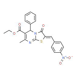 ChemSpider 2D Image | Ethyl (2Z)-7-methyl-2-(4-nitrobenzylidene)-3-oxo-5-phenyl-2,3-dihydro-5H-[1,3]thiazolo[3,2-a]pyrimidine-6-carboxylate | C23H19N3O5S