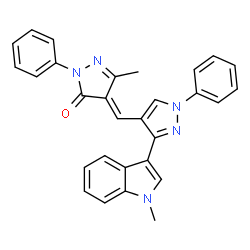 ChemSpider 2D Image | (4E)-5-Methyl-4-{[3-(1-methyl-1H-indol-3-yl)-1-phenyl-1H-pyrazol-4-yl]methylene}-2-phenyl-2,4-dihydro-3H-pyrazol-3-one | C29H23N5O