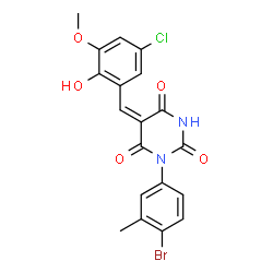 ChemSpider 2D Image | (5E)-1-(4-Bromo-3-methylphenyl)-5-(5-chloro-2-hydroxy-3-methoxybenzylidene)-2,4,6(1H,3H,5H)-pyrimidinetrione | C19H14BrClN2O5