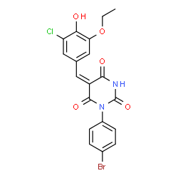ChemSpider 2D Image | (5E)-1-(4-Bromophenyl)-5-(3-chloro-5-ethoxy-4-hydroxybenzylidene)-2,4,6(1H,3H,5H)-pyrimidinetrione | C19H14BrClN2O5