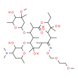 ChemSpider 2D Image | (10E)-6-{[4-(Dimethylamino)-3-hydroxy-6-methyltetrahydro-2H-pyran-2-yl]oxy}-14-ethyl-7,12,13-trihydroxy-4-[(5-hydroxy-4-methoxy-4,6-dimethyltetrahydro-2H-pyran-2-yl)oxy]-10-{[(2-methoxyethoxy)methoxy]
imino}-3,5,7,9,11,13-hexamethyloxacyclotetradecan-2-one | C41H76N2O15