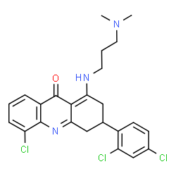 ChemSpider 2D Image | 5-Chloro-3-(2,4-dichlorophenyl)-1-{[3-(dimethylamino)propyl]amino}-3,4-dihydro-9(2H)-acridinone | C24H24Cl3N3O