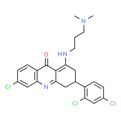 ChemSpider 2D Image | 6-Chloro-3-(2,4-dichlorophenyl)-1-{[3-(dimethylamino)propyl]amino}-3,4-dihydro-9(2H)-acridinone | C24H24Cl3N3O