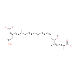 ChemSpider 2D Image | (2E,4Z,8Z,10E,14E,18E,20Z)-20-(Carboxymethyl)-6-methoxy-2,5,17-trimethyl-2,4,8,10,14,18,20-docosaheptaenedioic acid | C28H38O7