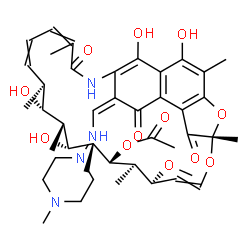ChemSpider 2D Image | (7S,11S,12R,13S,14R,15R,16R,17S,18S,26Z)-2,15,17,29-Tetrahydroxy-11-methoxy-3,7,12,14,16,18,22-heptamethyl-26-{[(4-methyl-1-piperazinyl)amino]methylene}-6,23,27-trioxo-8,30-dioxa-24-azatetracyclo[23.3
.1.1~4,7~.0~5,28~]triaconta-1(28),2,4,9,19,21,25(29)-heptaen-13-yl acetate | C43H58N4O12