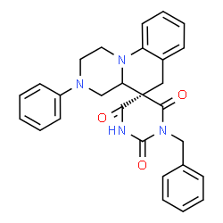 ChemSpider 2D Image | (5R)-3'-phenyl-1-(phenylmethyl)spiro[1,3-diazinane-5,5'-2,4,4a,6-tetrahydro-1H-pyrazino[1,2-a]quinoline]-2,4,6-trione | C28H26N4O3