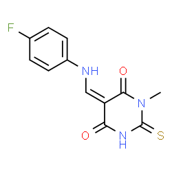 ChemSpider 2D Image | (5Z)-5-{[(4-Fluorophenyl)amino]methylene}-1-methyl-2-thioxodihydro-4,6(1H,5H)-pyrimidinedione | C12H10FN3O2S