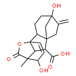 ChemSpider 2D Image | 5,12-Dihydroxy-11-methyl-6-methylene-16-oxo-15-oxapentacyclo[9.3.2.1~5,8~.0~1,10~.0~2,8~]heptadec-13-ene-9-carboxylic acid | C19H22O6