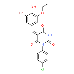 ChemSpider 2D Image | (5E)-5-(3-Bromo-5-ethoxy-4-hydroxybenzylidene)-1-(4-chlorophenyl)-2,4,6(1H,3H,5H)-pyrimidinetrione | C19H14BrClN2O5