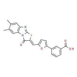 ChemSpider 2D Image | 3-{5-[(Z)-(6,7-Dimethyl-3-oxo[1,3]thiazolo[3,2-a]benzimidazol-2(3H)-ylidene)methyl]-2-furyl}benzoic acid | C23H16N2O4S