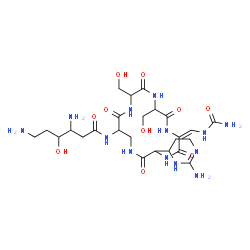 ChemSpider 2D Image | 3,6-Diamino-N-[(6E)-3-(2-amino-3,4,5,6-tetrahydro-4-pyrimidinyl)-6-[(carbamoylamino)methylene]-9,12-bis(hydroxymethyl)-2,5,8,11,14-pentaoxo-1,4,7,10,13-pentaazacyclohexadecan-15-yl]-4-hydroxyhexanamid
e | C25H43N13O10