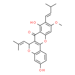 ChemSpider 2D Image | 3,8-Dihydroxy-10-methoxy-9-[(1E)-3-methyl-1-buten-1-yl]-6-(2-methyl-1-propen-1-yl)-6H,7H-chromeno[4,3-b]chromen-7-one | C26H26O6