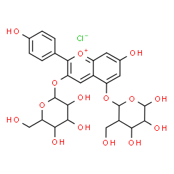 ChemSpider 2D Image | 7-Hydroxy-2-(4-hydroxyphenyl)-3-{[3,4,5-trihydroxy-6-(hydroxymethyl)tetrahydro-2H-pyran-2-yl]oxy}-5-{[4,5,6-trihydroxy-3-(hydroxymethyl)tetrahydro-2H-pyran-2-yl]oxy}chromenium chloride (non-preferred 
name) | C27H31ClO15
