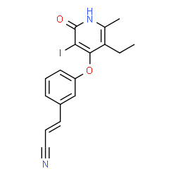 ChemSpider 2D Image | (2E)-3-{3-[(5-Ethyl-3-iodo-6-methyl-2-oxo-1,2-dihydro-4-pyridinyl)oxy]phenyl}acrylonitrile | C17H15IN2O2
