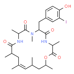 ChemSpider 2D Image | (14Z)-6-(4-Hydroxy-3-iodobenzyl)-3,7,9,12,14,16,18-heptamethyl-1-oxa-4,7,10-triazacyclooctadec-14-ene-2,5,8,11-tetrone | C28H40IN3O6