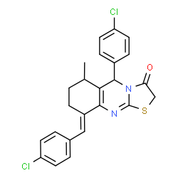 ChemSpider 2D Image | (9E)-9-(4-Chlorobenzylidene)-5-(4-chlorophenyl)-6-methyl-6,7,8,9-tetrahydro-5H-[1,3]thiazolo[2,3-b]quinazolin-3(2H)-one | C24H20Cl2N2OS
