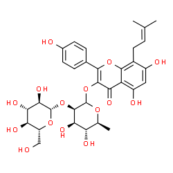 ChemSpider 2D Image | 5,7-Dihydroxy-2-(4-hydroxyphenyl)-8-(3-methyl-2-buten-1-yl)-4-oxo-4H-chromen-3-yl 6-deoxy-2-O-beta-D-glucopyranosyl-L-mannopyranoside | C32H38O15