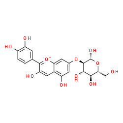 ChemSpider 2D Image | 2-O-[2-(3,4-Dihydroxyphenyl)-3,5-dihydroxy-7-chromeniumyl]-beta-D-glucopyranose | C21H21O11