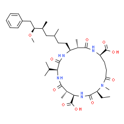 ChemSpider 2D Image | (2S,5R,6S,9S,12S,13S,16R)-2-Ethyl-9-isopropyl-12-[(5S,6S)-6-methoxy-3,5-dimethyl-7-phenylheptyl]-1,6,13-trimethyl-3,7,10,14,19-pentaoxo-1,4,8,11,15-pentaazacyclononadecane-5,16-dicarboxylic acid | C40H63N5O10