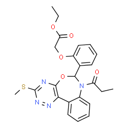 ChemSpider 2D Image | Ethyl {2-[3-(methylsulfanyl)-7-propionyl-6,7-dihydro[1,2,4]triazino[5,6-d][3,1]benzoxazepin-6-yl]phenoxy}acetate | C24H24N4O5S