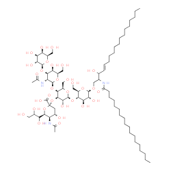 ChemSpider 2D Image | (4E)-3-Hydroxy-2-(stearoylamino)-4-octadecen-1-yl (6S)-5-acetamido-3,5-dideoxy-6-[(1R)-1,2,3-trihydroxypropyl]-beta-L-threo-hex-2-ulopyranonosyl-(2->3)-[beta-D-galactopyranosyl-(1->3)-2-acetamido-2-de
oxy-beta-D-galactopyranosyl-(1->4)]-beta-D-galactopyranosyl-(1->4)-beta-D-glucopyranoside | C73H131N3O31