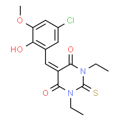 ChemSpider 2D Image | 5-(5-Chloro-2-hydroxy-3-methoxybenzylidene)-1,3-diethyl-2-thioxodihydro-4,6(1H,5H)-pyrimidinedione | C16H17ClN2O4S