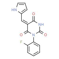 ChemSpider 2D Image | (5E)-1-(2-Fluorophenyl)-5-(1H-pyrrol-2-ylmethylene)-2,4,6(1H,3H,5H)-pyrimidinetrione | C15H10FN3O3